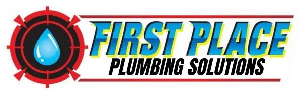 Logo for "First Place Plumbing Solutions" featuring a large blue water droplet within a red target design on the left. The text is in bold, with "First Place" in blue and yellow above "Plumbing Solutions" in black.