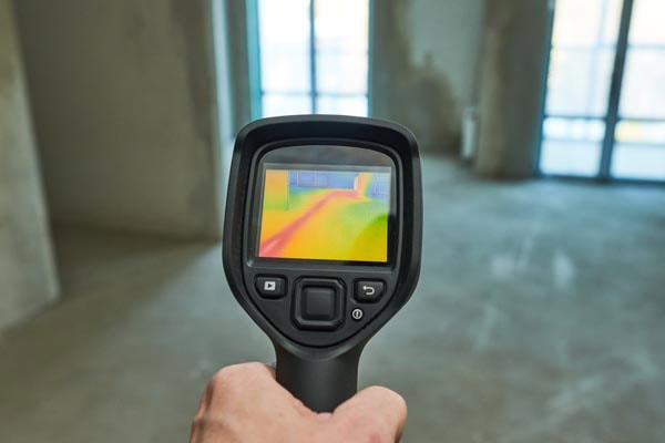 A person holds a thermal imaging camera in an empty room with concrete walls and floors. The camera screen displays a colorful thermal image indicating temperature variations in the room.