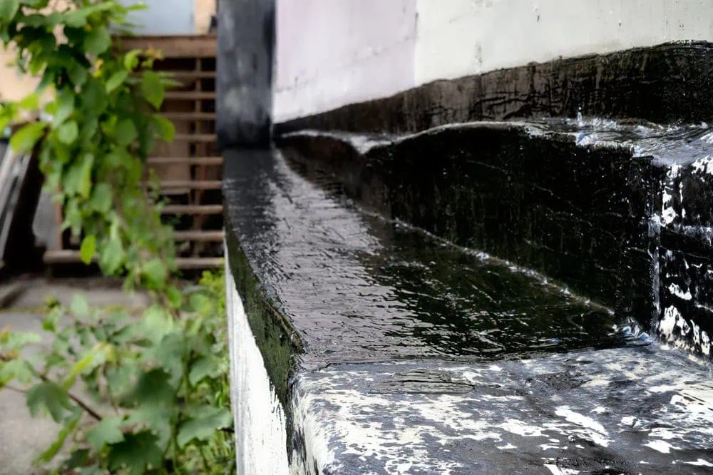 A close-up, low-angle shot of a concrete ledge and wall that have been coated with a thick, black, tar-like waterproofing material. The coating is uneven and glossy in some areas, with a vine of green leaves visible on the left.