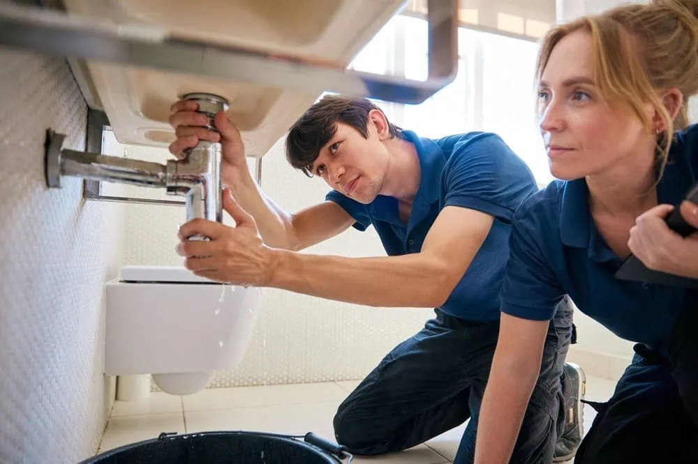Two plumbers in blue uniforms working under a sink. One is tightening pipes while the other observes closely. A bucket is placed on the floor below them in a bright, tiled room.