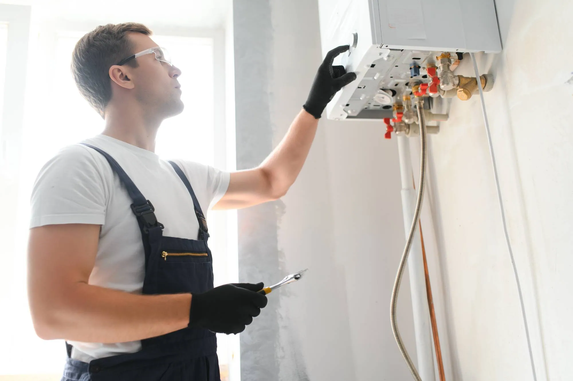 A technician wearing overalls, gloves, and safety glasses holds a screwdriver while adjusting a wall-mounted boiler in a bright room.