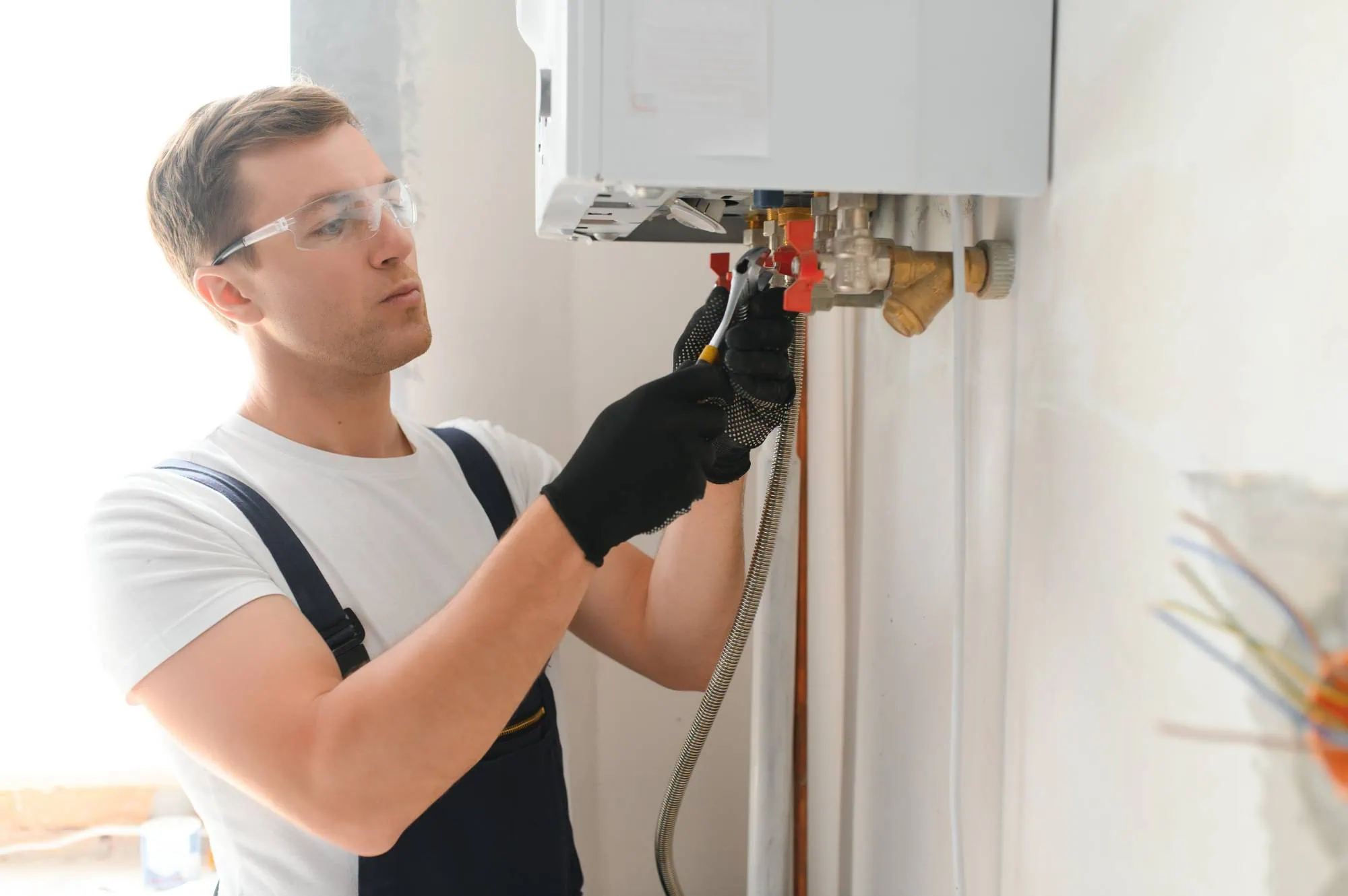 A person wearing safety glasses, gloves, and overalls uses tools to work on a wall-mounted boiler or heating system in a home.