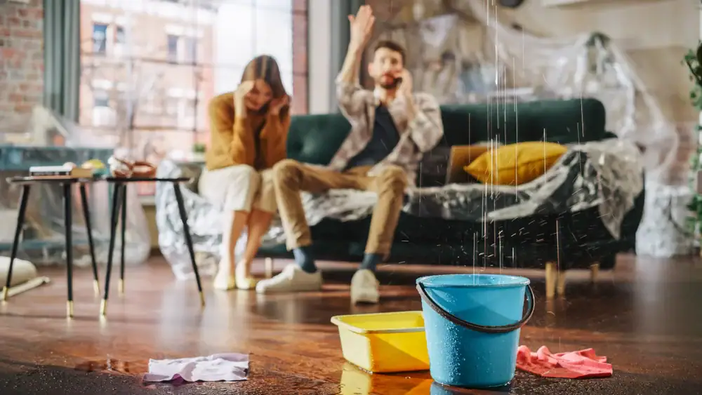 A man on the phone gestures in frustration while sitting beside a woman on a couch; water leaks from the ceiling into buckets on the floor, in a messy living room.
