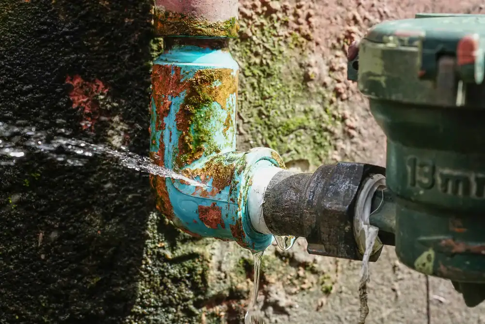 A rusty, leaking blue pipe is spraying water, with green moss growing on the pipe and the wall behind it. The scene suggests water wastage and the need for plumbing repairs.